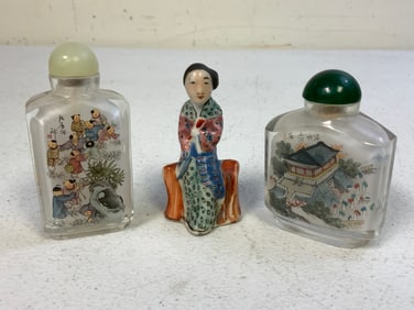 CHINA REVERSE PAINTED SNUFF BOTTLES AND PORCELAIN FIGURINE