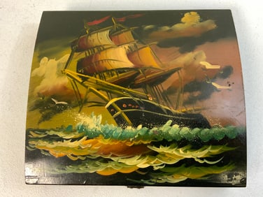 VINTAGE HAND PAINTED SHIP SCENE LACQUERED WOOD BOX