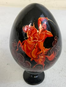 UKRAINE LARGE HAND PAINTED UKRAINIAN COSSACK WOODEN EGG ON STAND