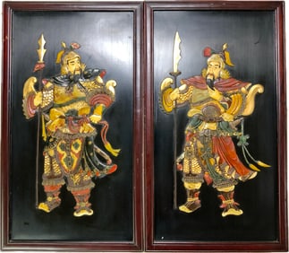 VINTAGE CHINESE LARGE WOOD PANELS WITH INSET DECORATED WARRIORS