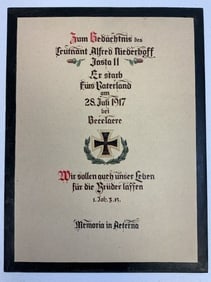 WWI IMPERIAL GERMANY LT. ALFRED NIEDERHOFF PILOT MEMORIAL KILLED IN ACTION DOCUMENT