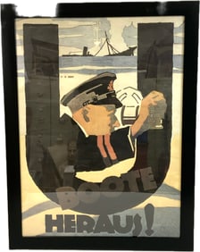 WWI GERMAN NAVY U -BOAT COLOR POSTER FRAMED