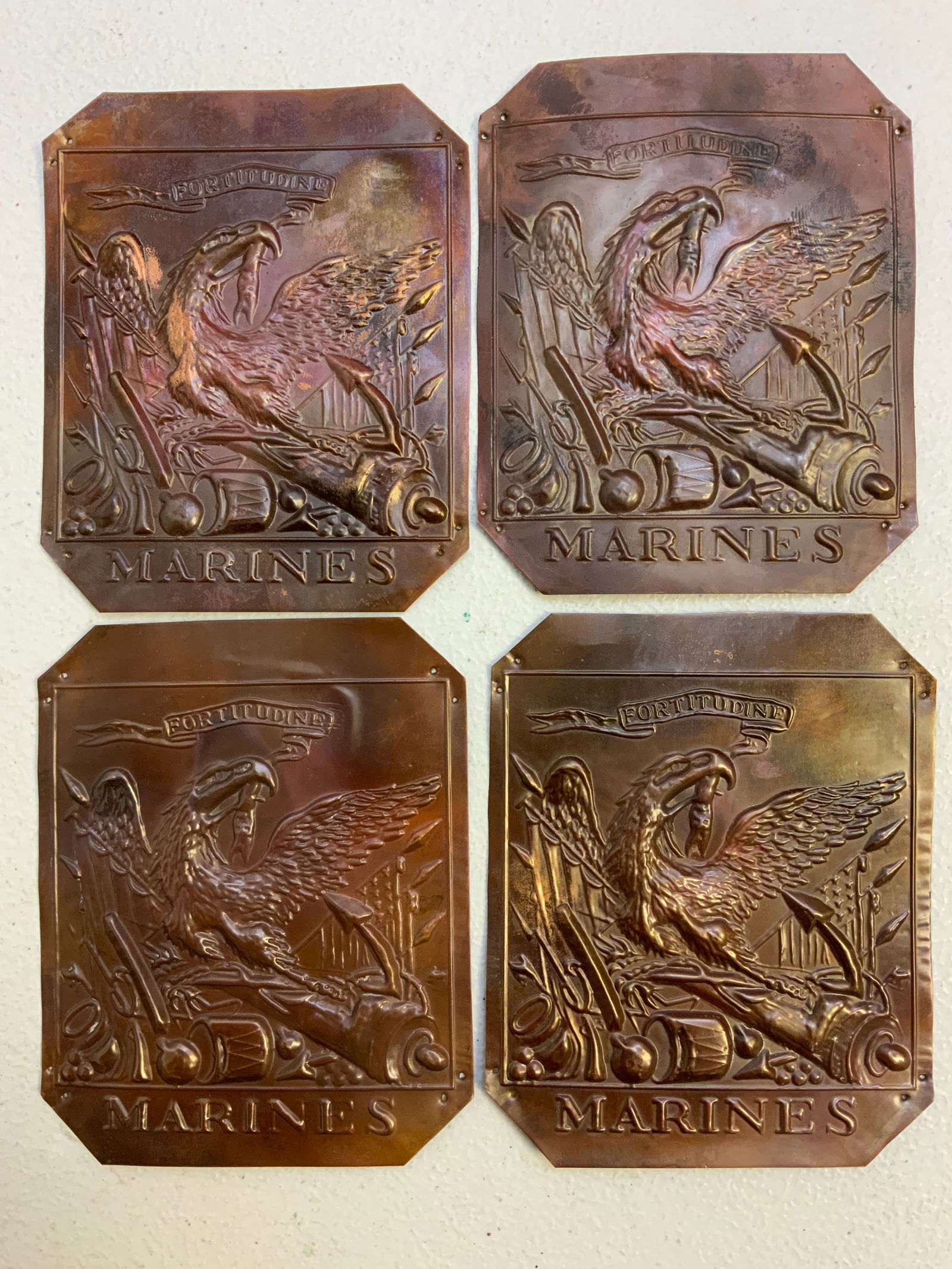 1807 USMC SHAKO PLATES: 1807 USMC SHAKO PLATES. LOT OF 4. MODERN MADE.