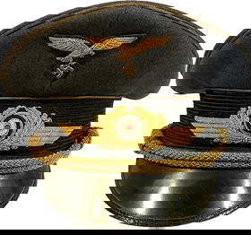 WWII GERMAN LUFTWAFFE GENERAL VISOR CAP HAT: WWII GERMAN LUFTWAFFE GENERAL VISOR CAP HAT. NICE WORN GREAT CLEAN EXAMPLE. EREL MADE. BEAUTIFUL GOLD WIRE EMBROIDERY. BEAUTIFUL SHAPE.