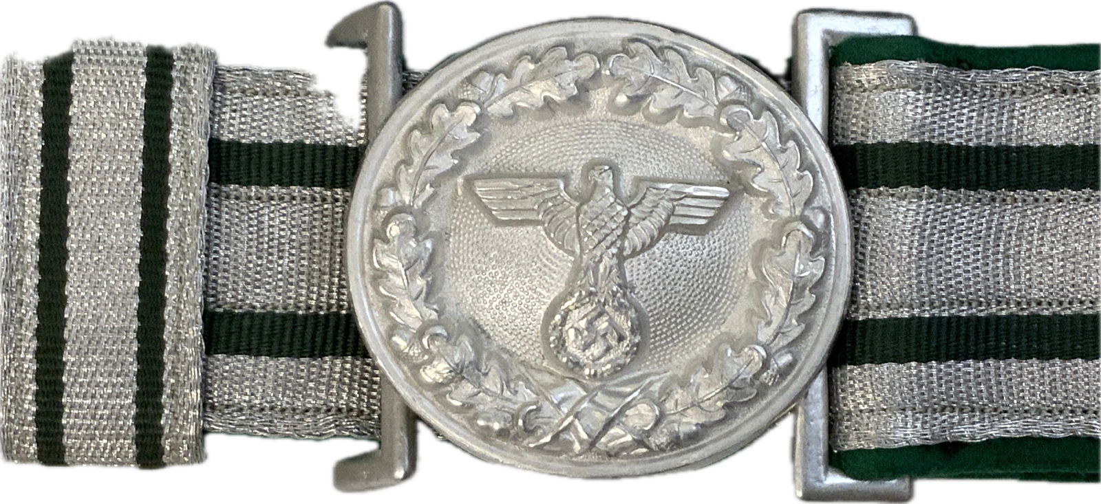 GERMANY THIRD REICH FORESTRY OFFICIAL BROCADE BELT WITH BUCKLE: GERMANY THIRD REICH FORESTRY OFFICIAL BROCADE BELT WITH BUCKLE. GREAT CONDITION OVERALL WITH ONLY COUPLE OF MOTH NIPS TO A GREEN FABRIC ON THE REVERSE OF THE BELT. NICE ALUMINUM BELT BUCKLE AND MATCHI