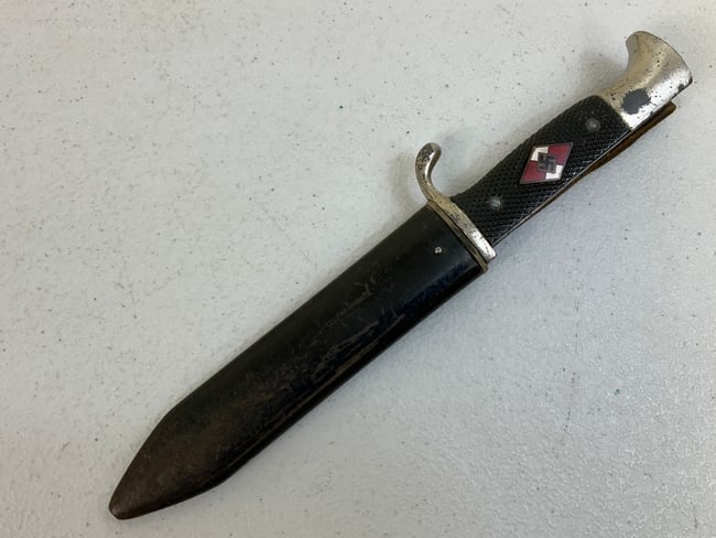 GERMANY THIRD REICH HITLER YOUTH KNIFE: GERMANY THIRD REICH HITLER YOUTH KNIFE WITH RZM STAMP. GOOD OVERALL CONDITION WITH SOME SHARPENING TO THE BLADE PARTIALLY REMOVING RZM MARK.