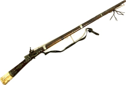 ANTIQUE SILVER AND BONE DECORATED CAUCASIAN MIQUELET RIFLE LONG GUN