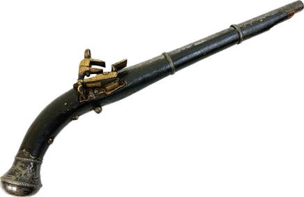 ANTIQUE RUSSIAN CAUCASIAN  DAMASCUS MIQUELET PISTOL GOLD SILVER DECORATED