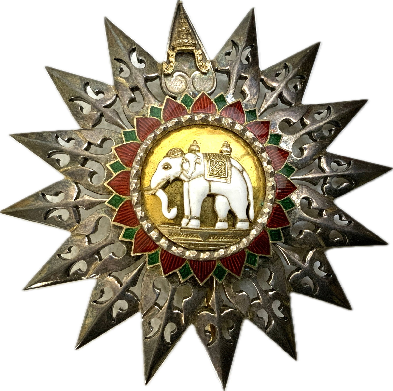 THAILAND KINGDOM ORDER OF THE WHITE ELEPHANT GRAND CROSS BREAST STAR: THAILAND KINGDOM ORDER OF THE WHITE ELEPHANT GRAND CROSS BREAST STAR. LARGE 3" DIAM. STAR. SILVER GILT ENAMELS. 57 GRAMS TOTAL WEIGHT.