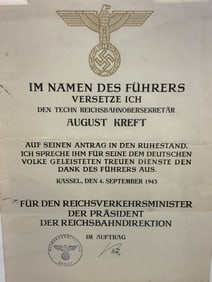GERMANY THIRD REICH TRANSPORTATION MINISTER AUGUST KREFT RETIREMENT FRAMED DOCUMENT