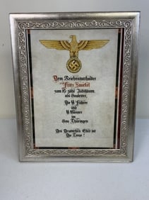 THIRD REICH GERMANY FRAMED DOCUMENT TO A GAULEITER AND SS GENERAL FRITZ SAUCKEL FROM SS OF THURINGEN