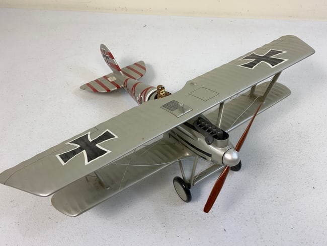 WWI GERMAN PLANE LARGE DISPLAY MODEL: WWI GERMAN PLANE LARGE DISPLAY MODEL. HIGH QUALITY WITH GREAT DETAILS. PAINTED WOOD BODY. 14" LONG WITH 18" WINGSPAN.