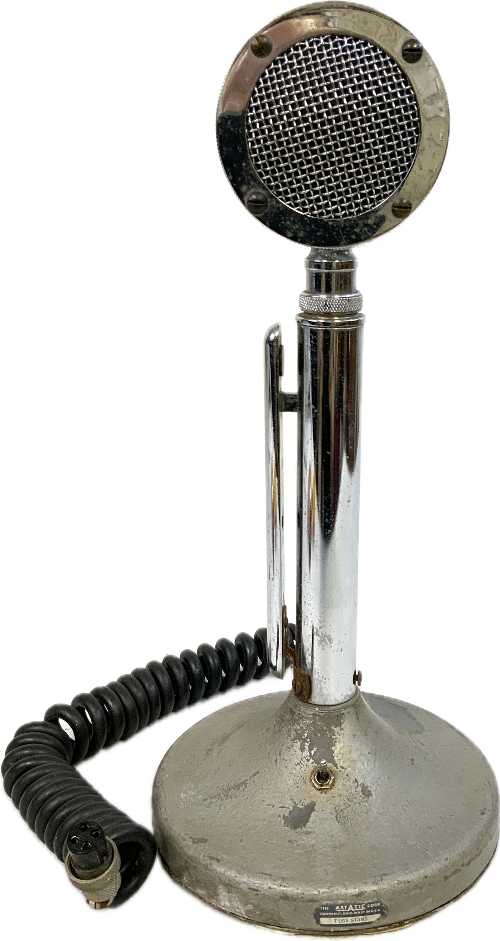 VINTAGE ASTATIC D-104 MICROPHONE WITH T-UG8 STAND: VINTAGE ASTATIC D-104 MICROPHONE WITH T-UG8 STAND. APEARS TO BE IN GOOD CONDITION. 12" TALL.