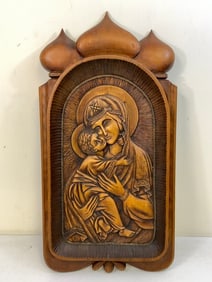 VINTAGE UKRAINIAN LARGE CARVED WOOD MOTHER OF GOD ICON