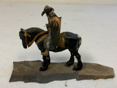 VINTAGE HORSEMEN VIKING WARRIOR LEAD FIGURINE ON SLATE STAND