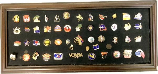 USA BOWLING LARGE LOT OF PIN BADGES FRAMED