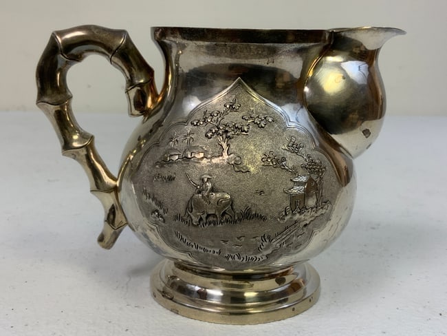 VINTAGE ASIAN SILVER VASE VIETNAM HALLMARKED: VINTAGE ASIAN SILVER VASE . DECORATED . VIETNAM 900 SILVER HALLMARKED . 4" TALL . 276 GR.