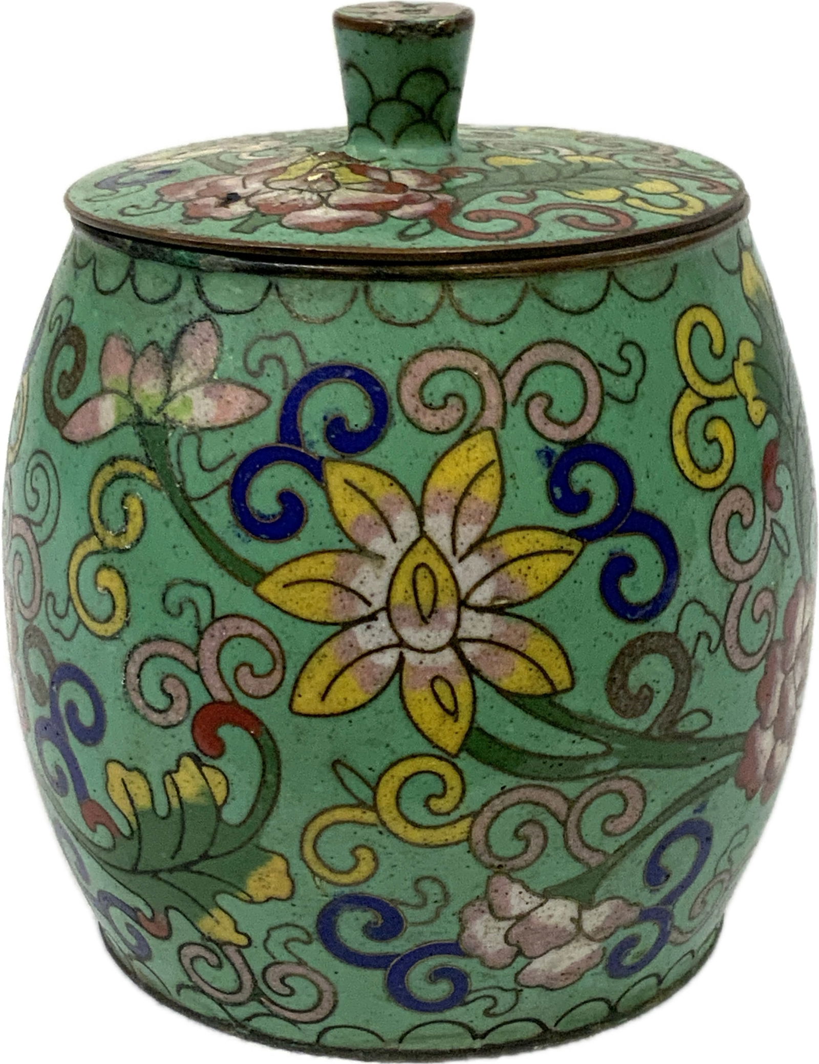 ANTIQUE CHINESE ENAMELED BRASS CLOISONNE JAR WITH LID: ANTIQUE CHINESE ENAMELED BRASS CLOISONNE JAR WITH LID. BEAUTIFUL WORK. 3 1/2' TALL.