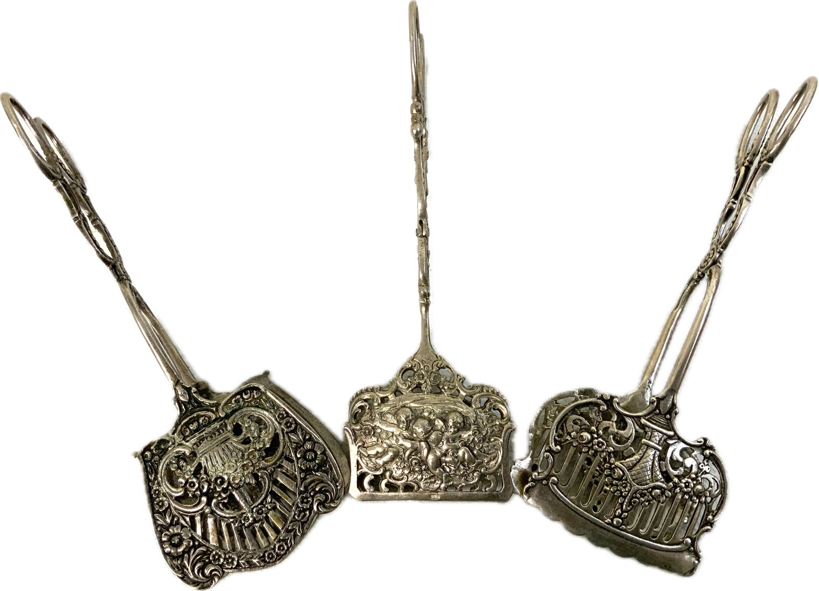 ANTIQUE 800 SILVER SERVING TONGS: ANTIQUE 800 SILVER SERVING TONGS . HALLMARKED . 7 1/2" LONG. 84GRM. 7" LONG. 67GRM AND 7" LONG. 80GRM.