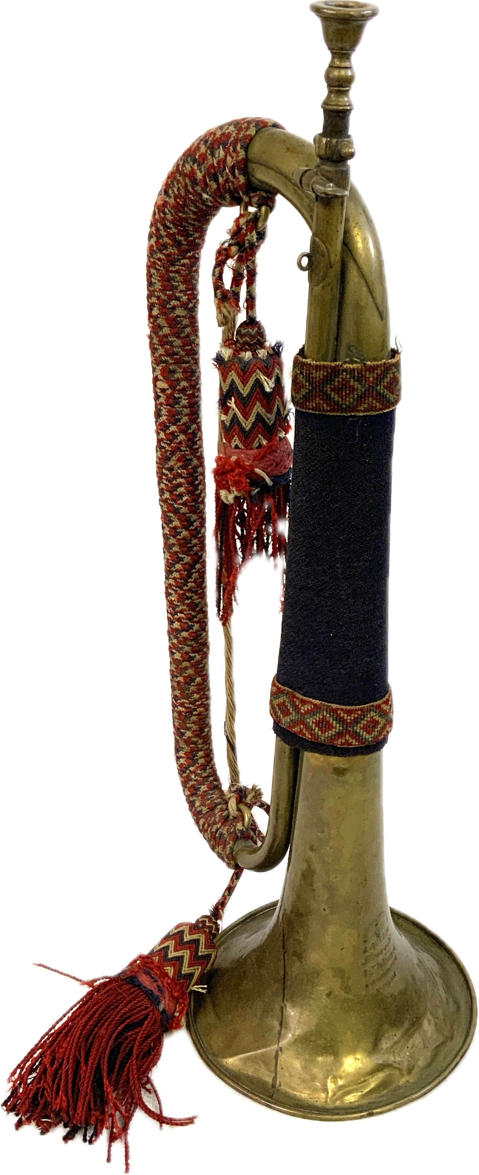 ANTIQUE 1899 FRENCH MILITARY TRUMPET A. GUERIN BREVETE: ANTIQUE 1899 FRENCH MILITARY BRASS TRUMPET A. GUERIN BREVETE. COMPLETE WITH ORIGINAL GRIP CLOTH AND TASSELS. OVERALL GOOD CONDITION FOR ITS AGE. 20" LONG .