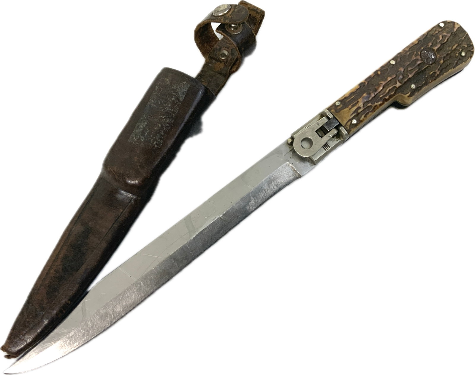 VINTAGE GERMAN ED WUSTHOF FOLDING BOWIE KNIFE.: VINTAGE GERMAN ED WUSTHOF FOLDING BOWIE KNIFE. ABOUT 12" LONG WITH 7 1/2" BLADE.COMPLETE WITH LEATHER SHEET. HARD TO FINE. STAINLESS STEEL BLADE.