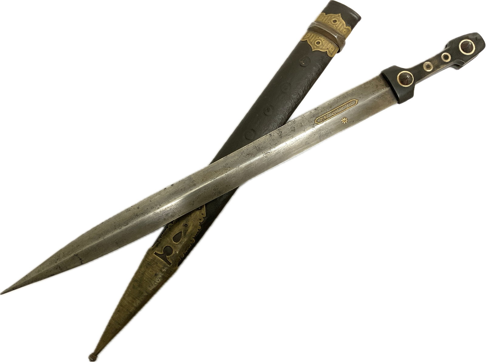 ANTIQUE VERY LARGE KINJAL DAGGER ISLAMIC DECORATED BLADE: ANTIQUE VERY LARGE KINJAL DAGGER ISLAMIC DECORATED BLADE.NICE LARGE HEAVY BLADE WITH GOLD INLAYS . THE SCABBARD LEATHER AND FITTINGS APPEARS TO BE RESTORED BUT VERY PROFESSIONALLY . VERY NICE LARGE EX