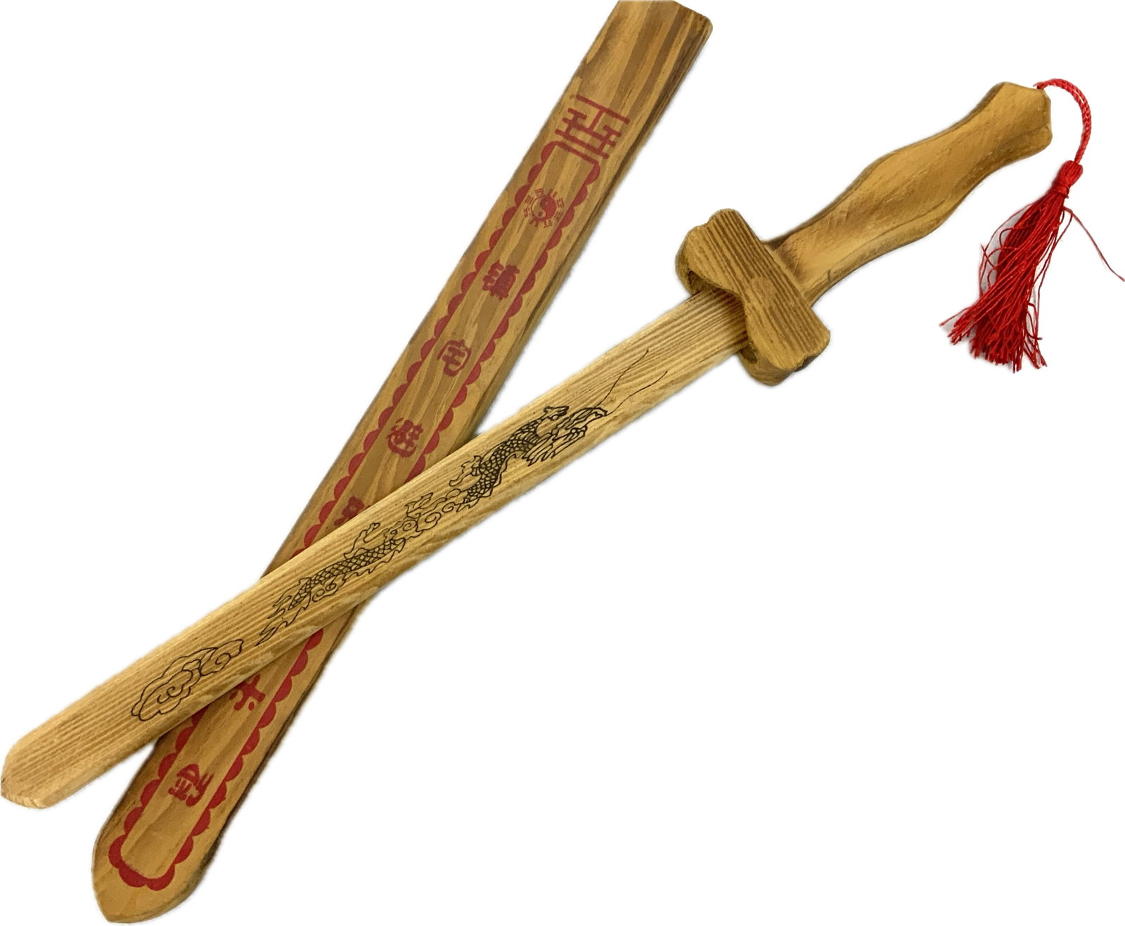 TAOIST PEACH WOOD EXORCISM SWORD: TAOIST PEACH WOOD EXORCISM SWORD. CHINA. CIRCA 1970'S. 21" LONG WITH 12" LONG WOODEN BLADE.