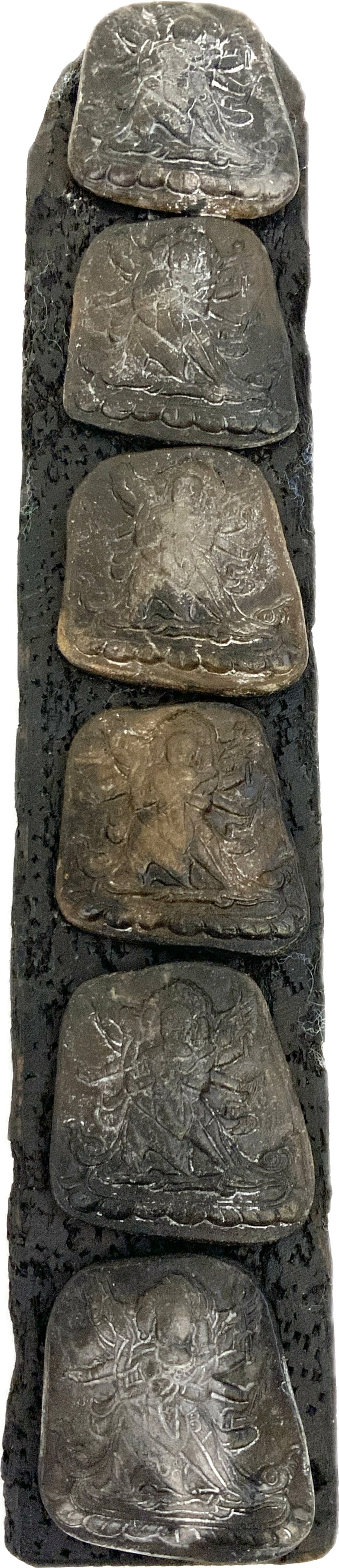 INDIAN BUDDHIST MAHAKALA DOOR FRAME GUARDIAN TALISMANS ON WOOD PANNEL: INDIAN BUDDHIST MAHAKALA DOOR FRAME GUARDIAN TALISMANS ON WOOD PANNE.WOO SHOWS GREAT AGE. PRESERVED WITH VARNISH. 18" LONG. FROM DR. PAUL D LYNN COLLECTION.