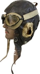 WWII GERMAN LUFTWAFFE FUR LINED LEATHER FLIGHT HELMET WITH GOGGLES