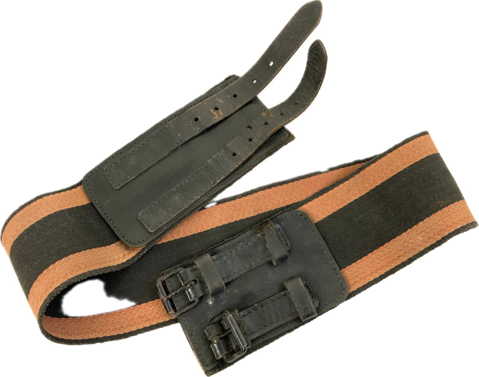 GERMANY THIRD REICH LARGE LEATHER AND FABRIK FIREFIGHTERS BELT: Large red and black leather fabric waist belt. These belts were utilized by the German Fire Department both prior and during the Third Reich.