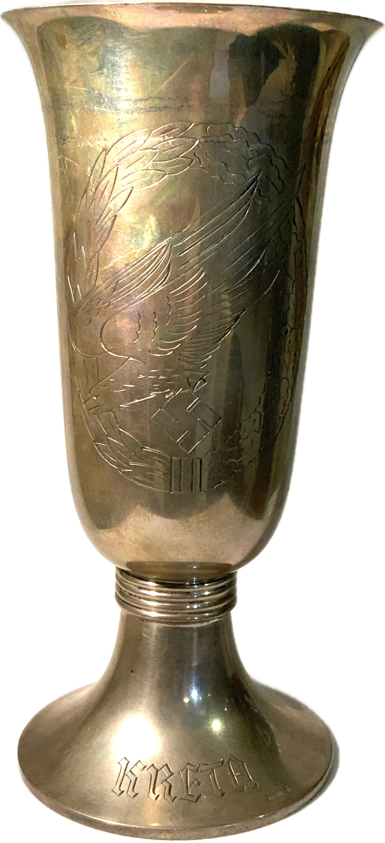 WWII GERMANY SILVER LUFTWAFFE KRETA GOBLET GIVEN FROM GENERAL STUDENT TO BRUNO BRAUER: Silver KRETA LUFTWAFFE Goblet given by Luftwaffe General Kurt Student to famous paratrooper Oberst Bruno Brauer for the German invasion of Crete. Historically significant item ! Solid silver large siz