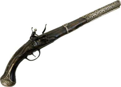 ANTIQUE OTTOMAN EMPIRE TURKISH 18th CENTURY FLINTLOCK PISTOL SILVER DECORATED GUN.