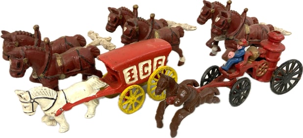VINTAGE CAST IRON HORSE DRAWN ICE WAGON AND FIRE WAGON PLUS HORSES