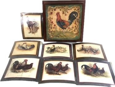 KATE McROSTIE ACRYLIC PAINTED FRAMED ART AND CHICKENS AND ROOSTERS PRINTS