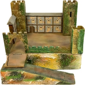 ANTIQUE GERMAN WOODEN PAINTED TOY CASTLE PLAY SET IN ORIGINAL BOX