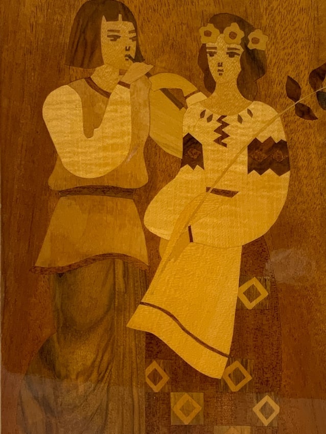 UKRAINE VINTAGE UKRAINIAN WOODEN MOSAIC ARTWORK: UKRAINE VINTAGE UKRAINIAN WOODEN MOSAIC ARTWORK.DATED 1978. 9" X 15" SIZE.