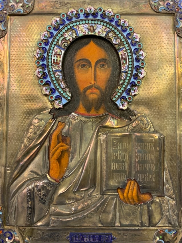 ANTIQUE 19TH CENTURY RUSSIAN ORTHODOX ICON WITH SILVER AND ENAMELS RIZA COVER. (1 of 11)