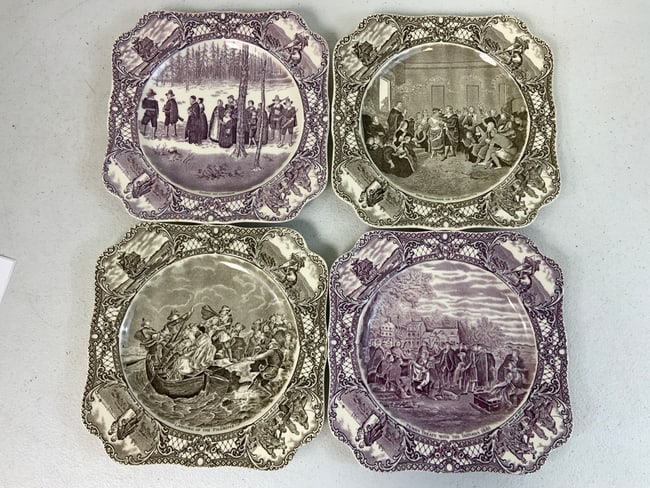 VINTAGE COLONIAL TIMES BY CROWN DUCAL ENGLAND PORCELAIN PLATES: VINTAGE COLONIAL TIMES BY CROWN DUCAL ENGLAND PORCELAIN PLATES.LOT OF 4. CIRCA 1930'S. 8" X 8" SIZE.
