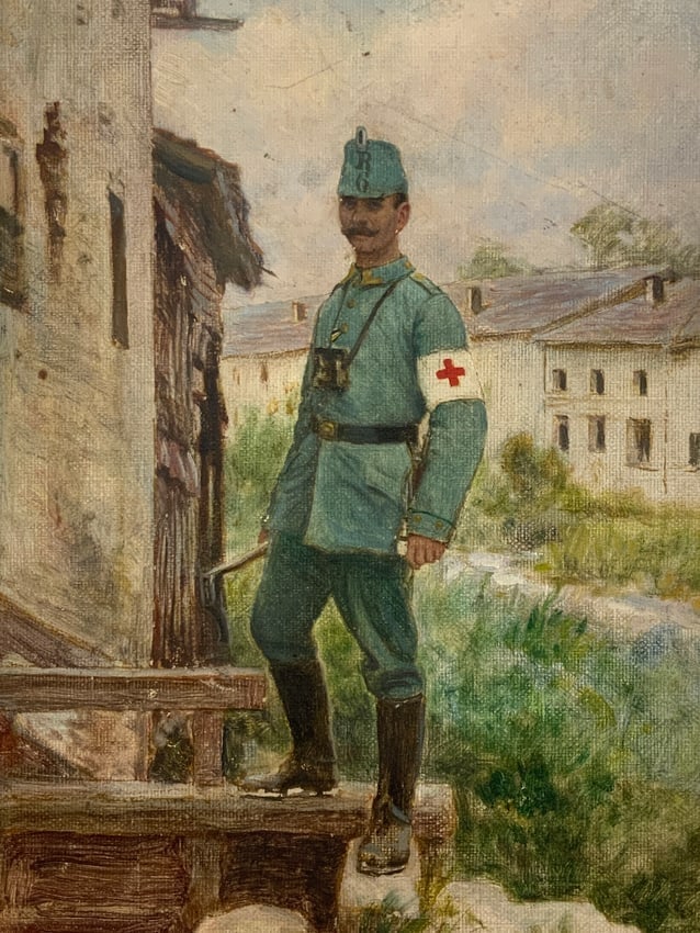 ANTIQUE WWI ERA IMPERIAL GERMAN ORIGINAL ARTWORK PAINTING JAGER BATTALION: ANTIQUE WWI ERA IMPERIAL GERMAN ORIGINAL ARTWORK PAINTING JAGER BATTALION 6. MEDICAL SERGEANT . MOST LIKELY PAINTED NEAR VERDUN , FRANCE 1916/17 . ARTIST UNKNOWN . 11 X 17 SIZE . FRAMED IN ORIGINAL PE