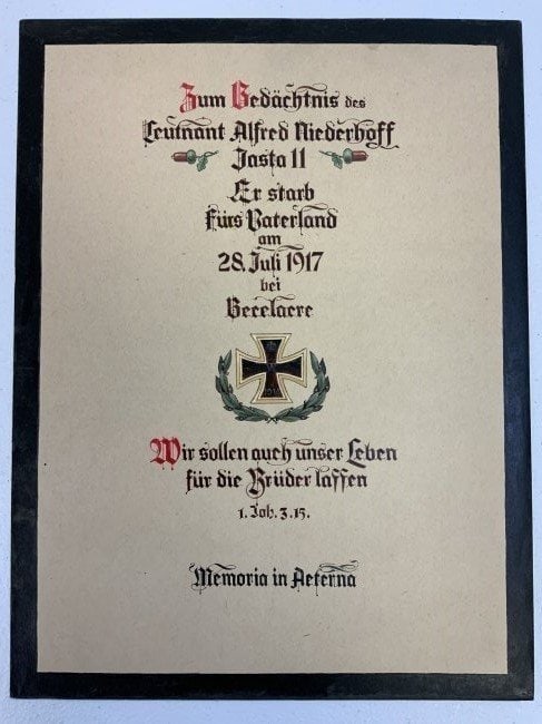 ANTIQUE WWI IMPERIAL GERMANY LT. ALFRED NIEDERHOFF PILOT MEMORIAL KILLED IN ACTION DOCUMENT (1 of 7)