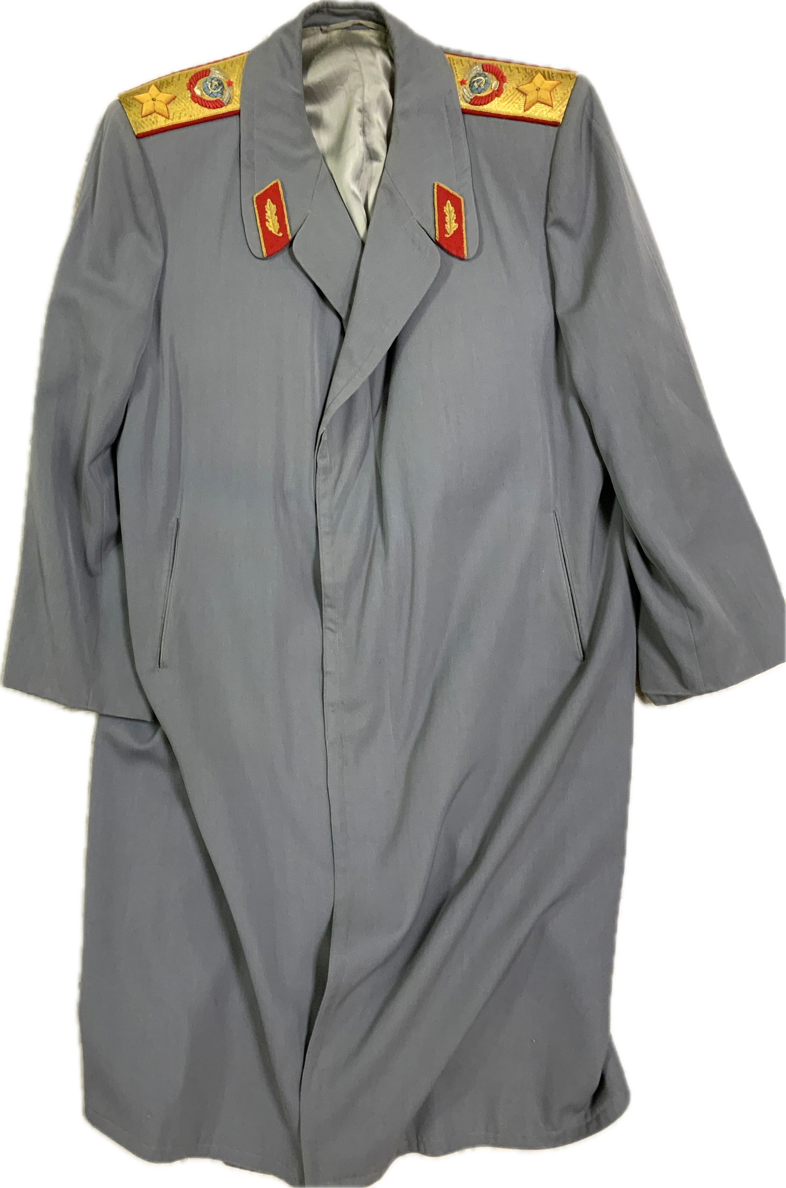USSR MARSHALL OF SOVIET UNION COAT: USSR MARSHALL OF SOVIET UNION COAT . CIRCA 1950'S-60'S . GRAY COLOR HIGH QUALITY MATERIAL COAT. BEAUTIFUL GOLD COARDS WITH EMBROIDERED MARSHALL STARS AND USSR SYMBOLS.GOLD WIRE BULLION EMBROIDERED COL