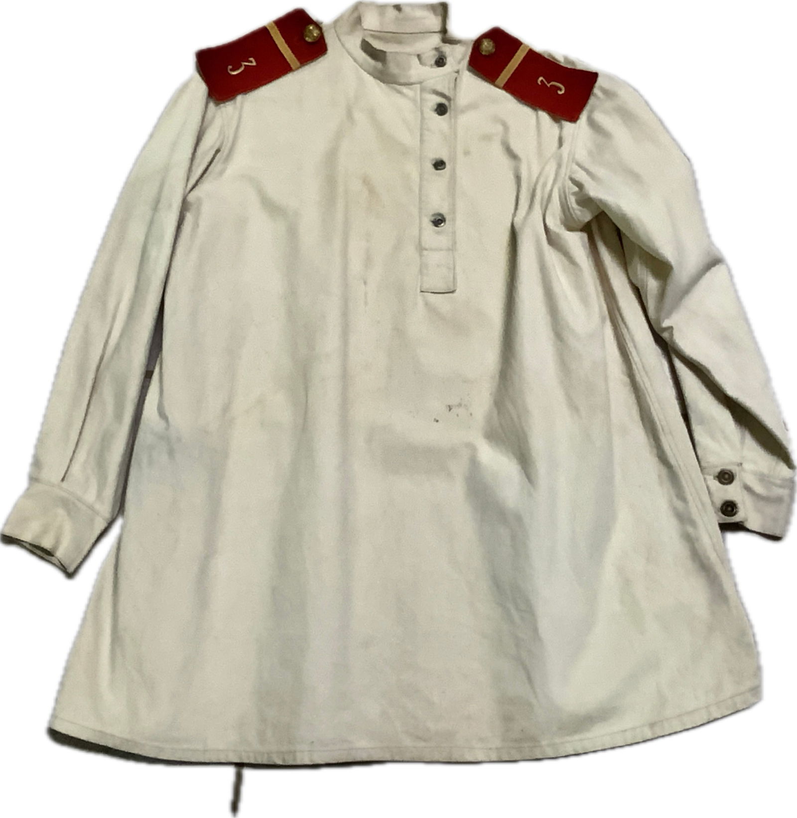 IMPERIAL RUSSIAN SOLDIERS UNIFORM SHIRT 3rd NARVA INFANTRY REGIMENT: IMPERIAL RUSSIAN SOLDIERS UNIFORM SHIRT.THIRD NARVA INFANTRY REGIMENT OF FIELD MARSHAL PRINCE MICHAEL GOLITSYN. OFF WHITE COLOR BUTTON UP SHIRT WITH RED POGONI SHOULDER BOARDS BEARING NUMBER #2 CYPHER