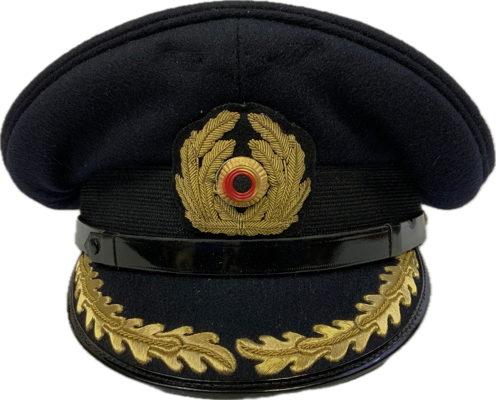 GERMAN NAVY HIGH RANKING OFFICER BLUE TOP VISOR HAT: GERMAN NAVY HIGH RANKING OFFICER BLUE TOP VISOR HAT. POSTWAR GERMAN OFFICER HAT IN GREAT CONDITION. VERY SIMILAR TO WWII STYLE WITH GOLD WIRE EMBROIDERY ON THE VISOR. MAKER MARKED.