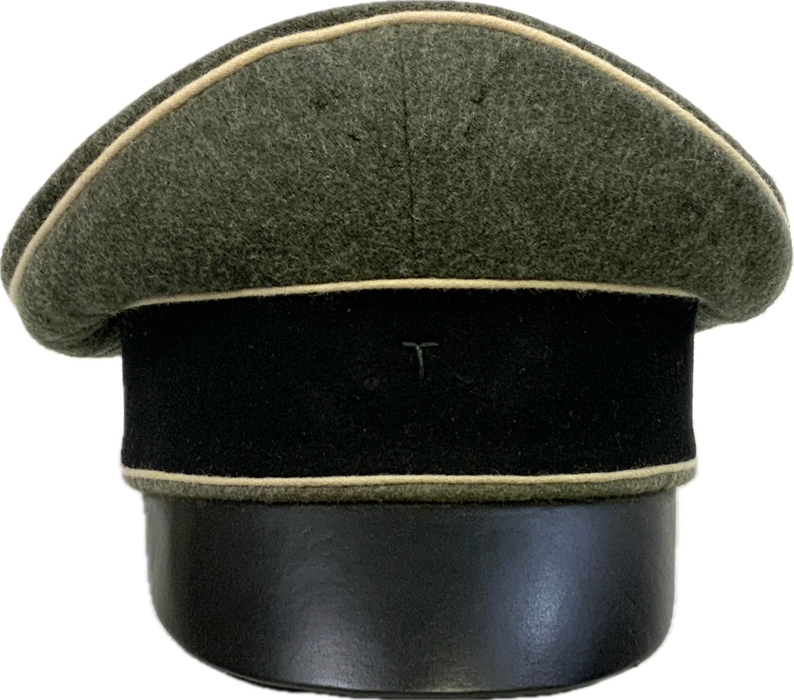 WWII GERMAN WAFFEN SS CRUSHER HAT CAP: WWII GERMAN WAFFEN SS CRUSHER TYPE VISOR CAP. MINT CONDITION WITH NOT MUCH WEAR AT ALL. INSIGNIA REMOVED.LEATHER VISOR. GREAT OUTSIDE AND INSIDE ONLY SHOWING STORAGE WEAR. MUNCHEN MAKER MARKED SWEATBA