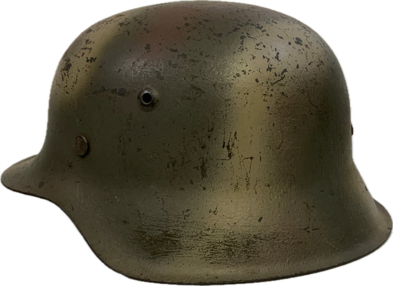 WWII GERMAN M42 COMBAT NORMANDY CAMO PAINTED HELMET: WWII GERMAN M42 COMBAT NORMANDY CAMO PAINTED HELMET. VERY NICE GREAT EXAMPLE OF COMBAT PAINTED M42 SHELL. INCLUDED LEATHER LINING IN WORN CONDITION . PAINTED INSIDE AS WELL. VISIBLE SIZE 64 STAMPED.