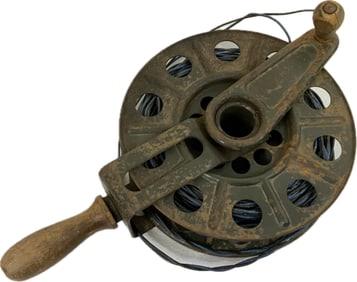 WWII GERMAN MILITARY 1936 DATED CABLE REEL PHONE WIRE HAND SPOOL WITH WIRE