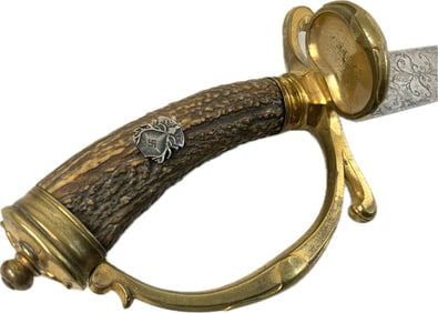 ANTIQUE GERMAN HUNTING DAGGER SHORT SWORD HIRSCHFANGER WITH ENGRAVED BLADE