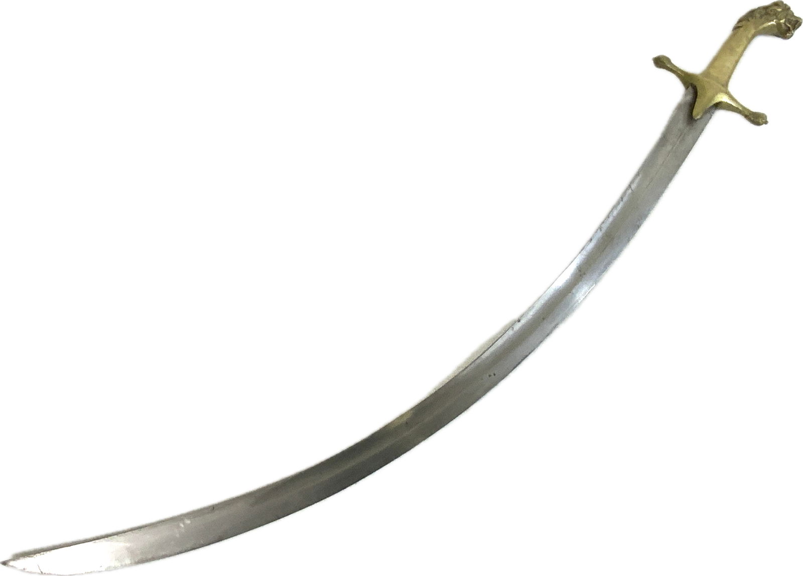 ANTIQUE BRITISH NAPOLEONIC WARS ERA CURVED LION HEAD SWORD: ANTIQUE BRITISH NAPOLEONIC WARS ERA CURVED LION HEAD SWORD.ALL BRASS LION HEAD HILD. BRIGHT GOOD CONDITION CURVED BLADE. RARE .32" LONG WITH 29" LONG BLADE . NO SCABBARD.