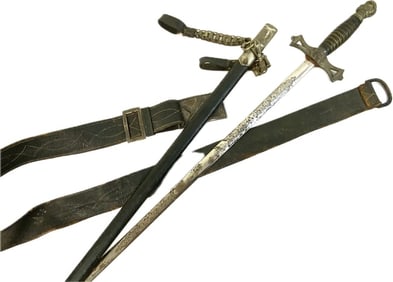ANTIQUE US FRATERNAL MASONIC DRESS AND CEREMONIAL SWORD WITH BELT AND HANGERS