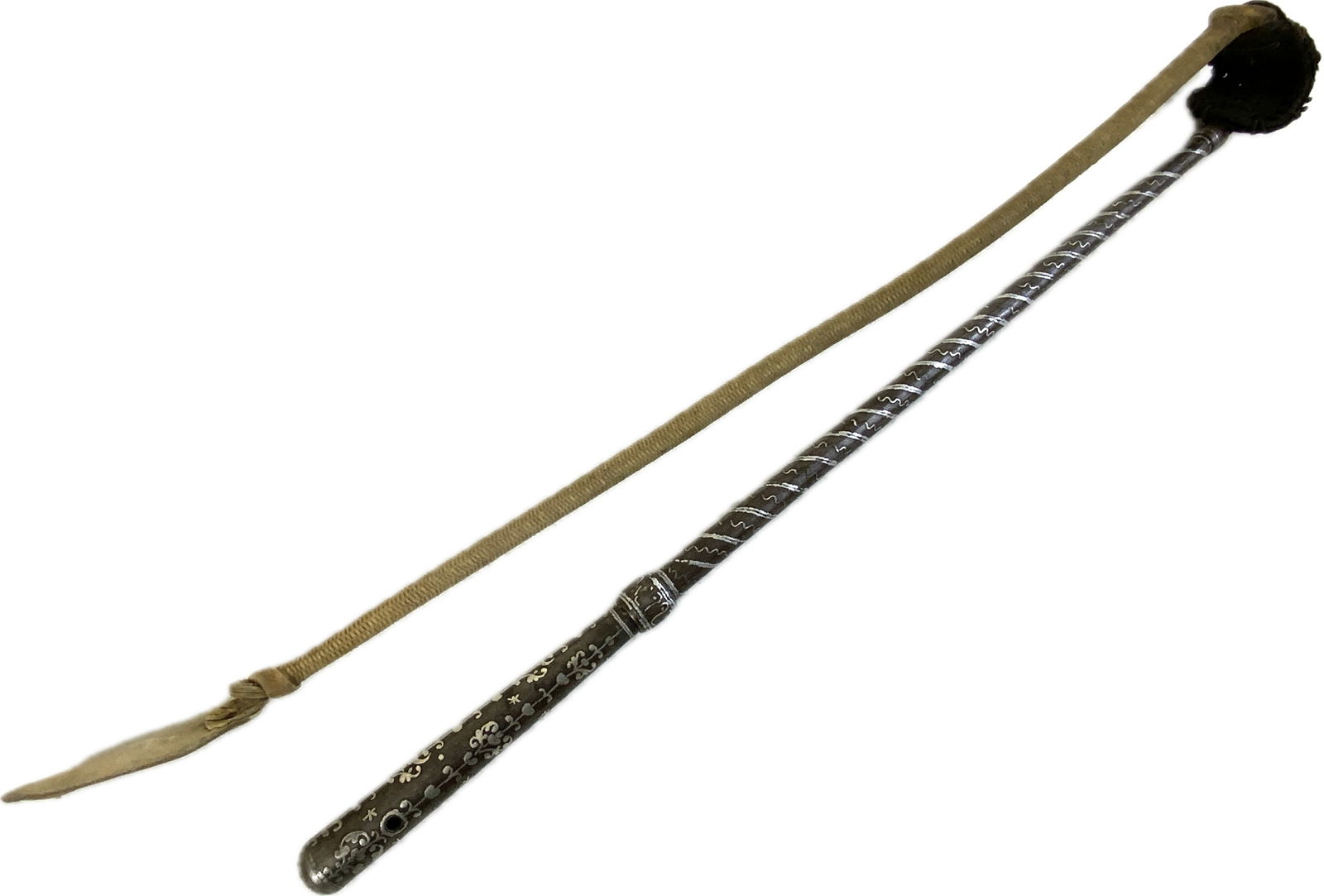 ANTIQUE RUSSIAN CAUCASIAN / CIRCASSIAN SILVER DECORATED RIDING HORSE WHIP - NAGAIKA WITH SPIKE BLADE: ANTIQUE RUSSIAN CAUCASIAN / CIRCASSIAN SILVER DECORATED RIDING HORSE WHIP - NAGAIKA WITH HIDDEN SPIKE DAGGER ONSIDE.COMPLETE AND IN VERY GOOD CONDITION . NICE AGE PATINA ON SILVER FITTINGS . NICELY DE